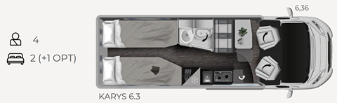 Grundriss Mobilvetta Karys 6.3 2027 – 6,36 m mit Einzelbetten zum Doppelbett umbaubar