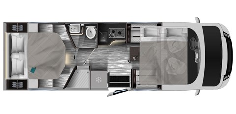 Grundriss Mobilvetta Kea I 90 – 7,47 m, vollintegriert mit Queensbett