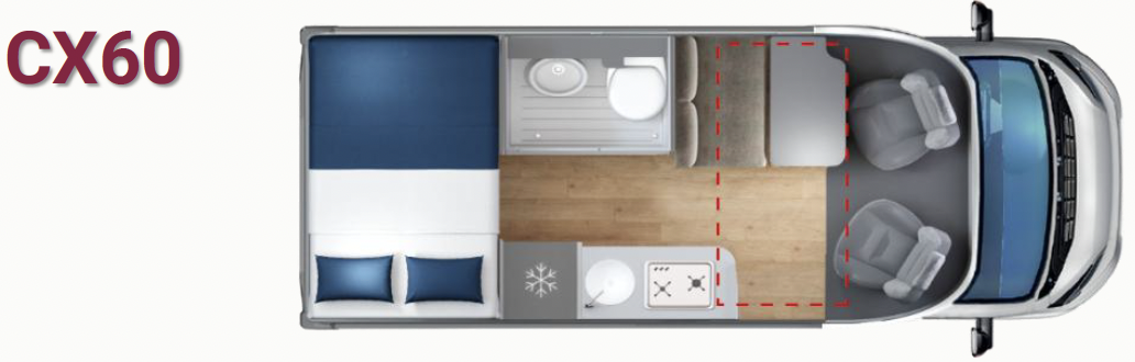 Giottiline Compact CX60 Grundriss – schmales Wohnmobil 5,99 m mit Querbett