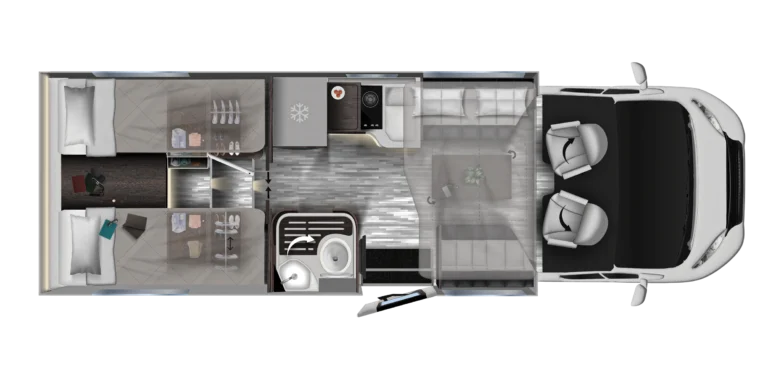 Grundriss Mobilvetta Krosser 64 – 6,99 m, Einzelbetten, teilintegriert mit Doppelboden