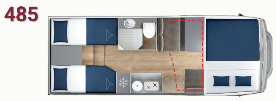 Giottiline Siena 485 Grundriss – Alkoven-Wohnmobil 6,99 m mit Einzelbetten im Heck