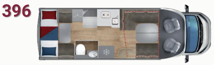 Giottiline Siena 396 Grundriss – Teilintegrierter 7,40 m mit Etagenbetten und serienmäßigem Hubbett