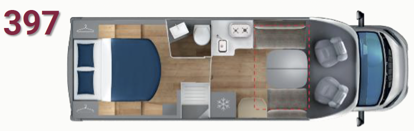 Giottiline Siena 397 Grundriss – Teilintegrierter 7,40 m mit Queensbett