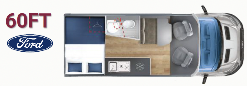 GiottiVan 60FT Grundriss – Ford Transit Kastenwagen 5,99 m mit Querbett