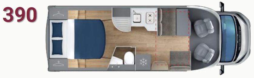 Giottiline Siena 390 Grundriss – Teilintegrierter 7,40 m mit Queensbett und 5 Sitzplätzen