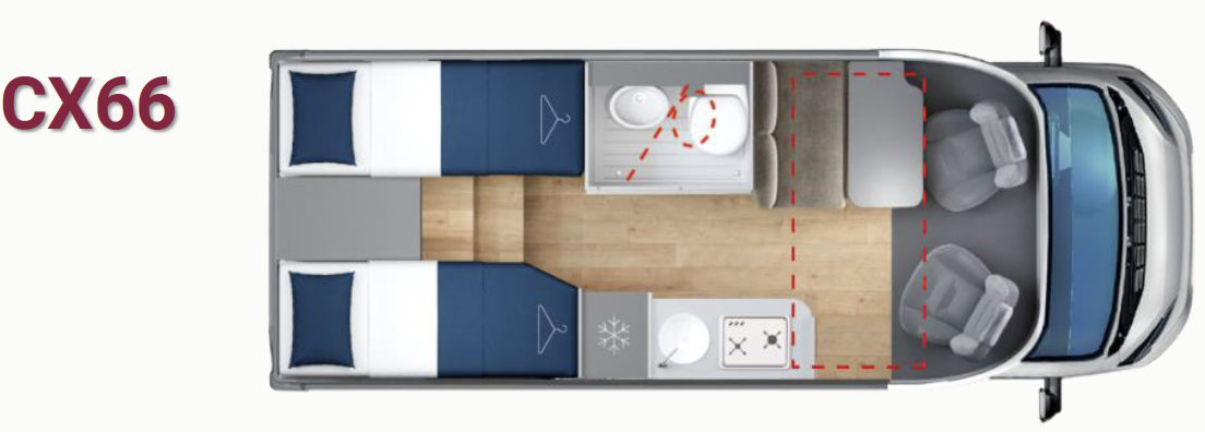 Giottiline Compact CX66 Grundriss – schmales Wohnmobil 6,60 m mit Einzelbetten