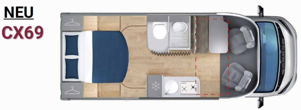 Giottiline Compact CX69 Grundriss – schmales Wohnmobil 6,99 m mit Doppelbett