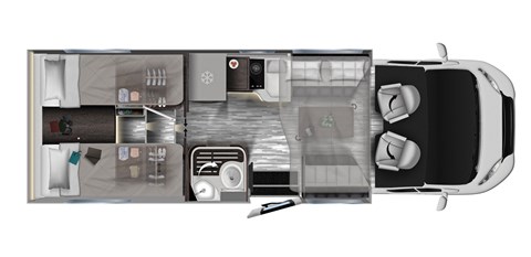 Grundriss Mobilvetta Krosser 86 – 7,45 m, Einzelbetten, teilintegriert mit Doppelboden